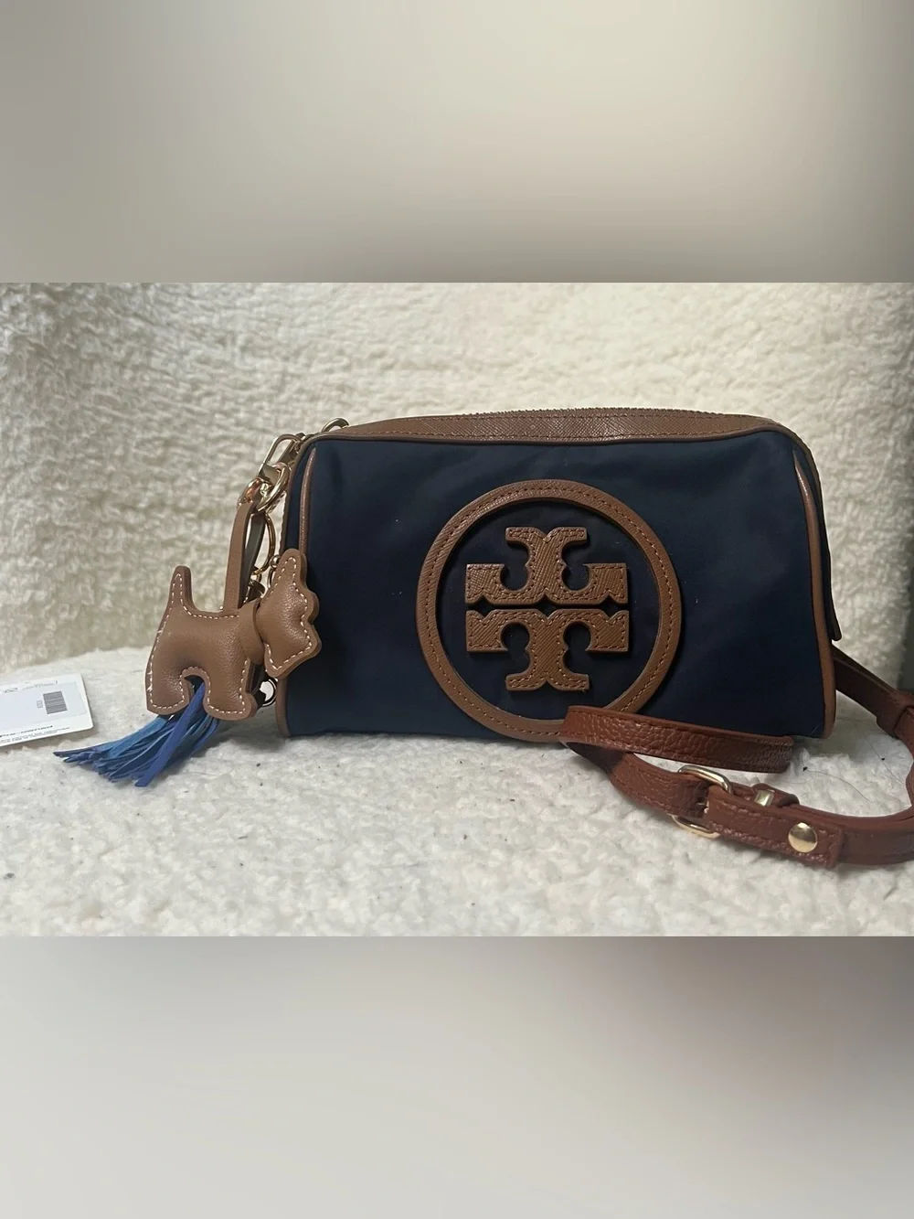 Tory Burch Navy and Brown Embossed Logo Upcycled Beauty to Crossbody Bag